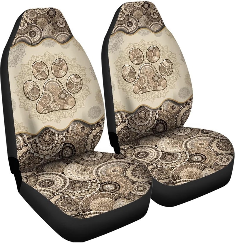 Howilath Brown Boho Mandala Dog Paw Print Seat Covers for Women Men Car Seat Covers, 2pcs Car Accessories High Back Front Seat Covers - Image 2